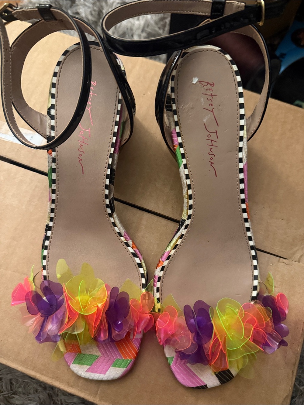 Betsey Johnson Black Ankle-Strap Heels with Neon Floral Appliqué